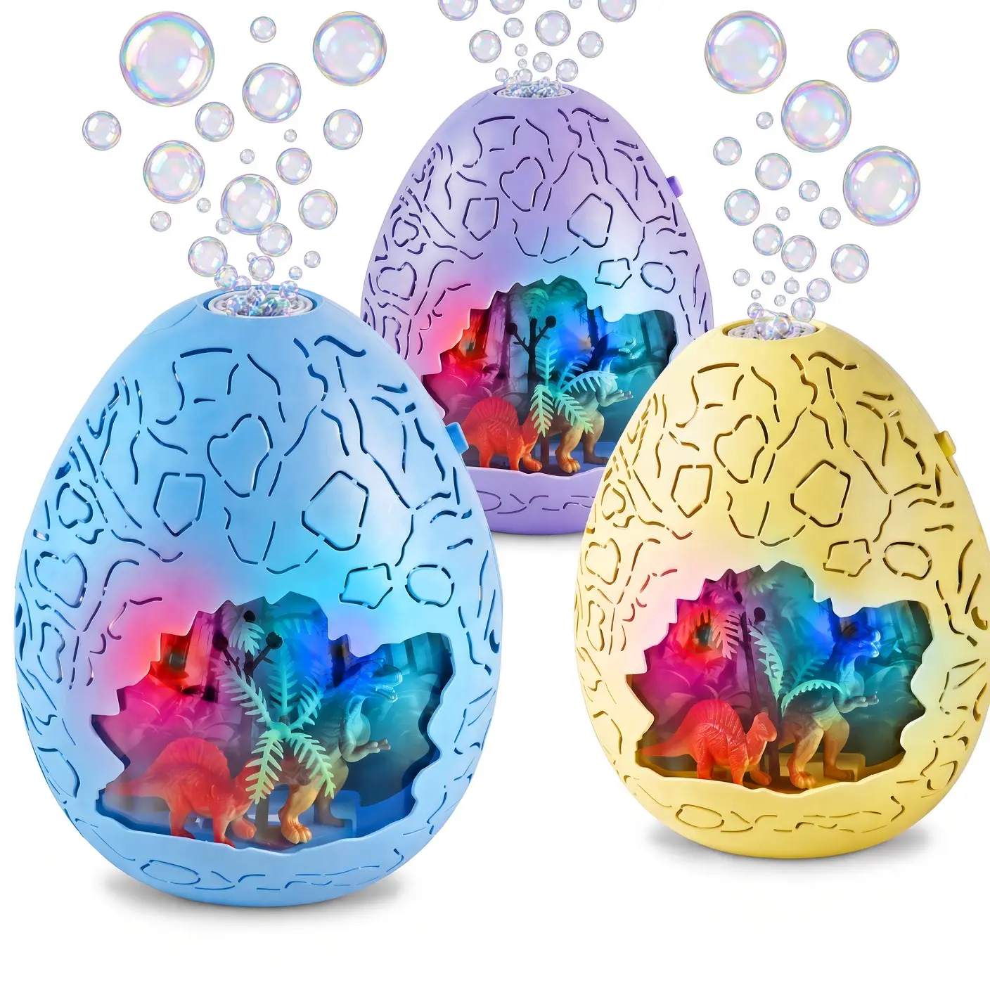 NETNEW Plastic Unisex Dinosaur Egg Bubble Machine, Rechargeable Battery Automatic Toy with LED Lights, Music, High-Output Top Blowing & Dino World Landscape - Cool Gifts for Kids for Outdoor Lawn, Playrooms
