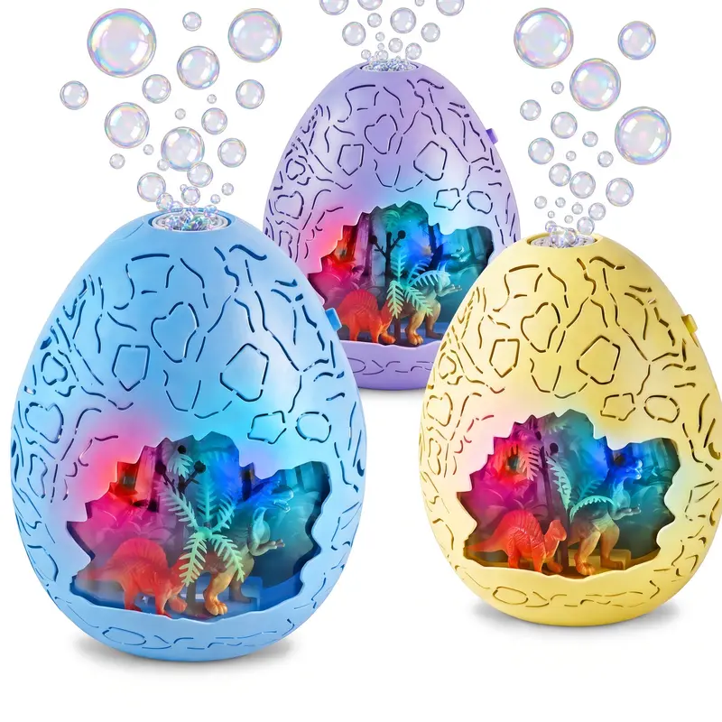 Dinosaur Egg Bubble Machine with LED Lights and Music, Rechargeable Automatic Bubble Blower with Dino Scene