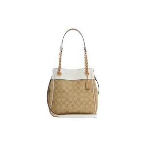 COACH Cammie 23 Classic Monogram Double-Layer Canvas and Leather Bucket Bag for Women, Khaki and White