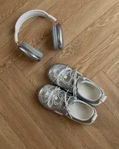 Y2K Ballet Core Silver/White Lace-Up Sneakers, Viral TikTok Comfy Split Flats, Retro-Inspired Casual Shoes for Women, Cloud-Soft Footwear for Everyday & Street Style