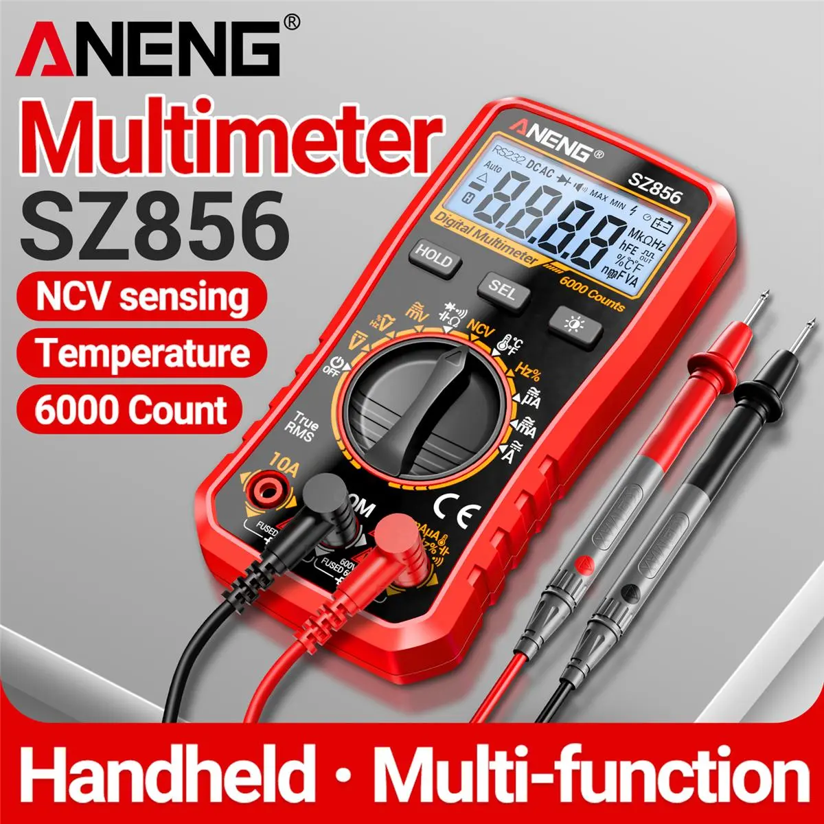 ANENG SZ856 Lightweight Smart Multimeter - 6000 True RMS Counts, 1.5V AA Alkaline Power, Non-Contact Voltage (NCV) Measurement, AC/DC Voltage-Current Testing, Resistance-Temperature-Diode Checks, EMF Tester for Engineering Professionals, Automotive Use