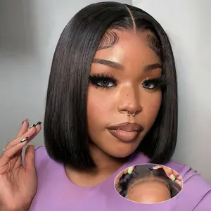 Bob Wig Human Hair Glueless Wigs Human Hair Pre Plucked Pre Cut 4x4 HD Lace Front Put On and Go Glueless Wigs Human Hair 180% Density Short Straight Bob Wigs for Black Women