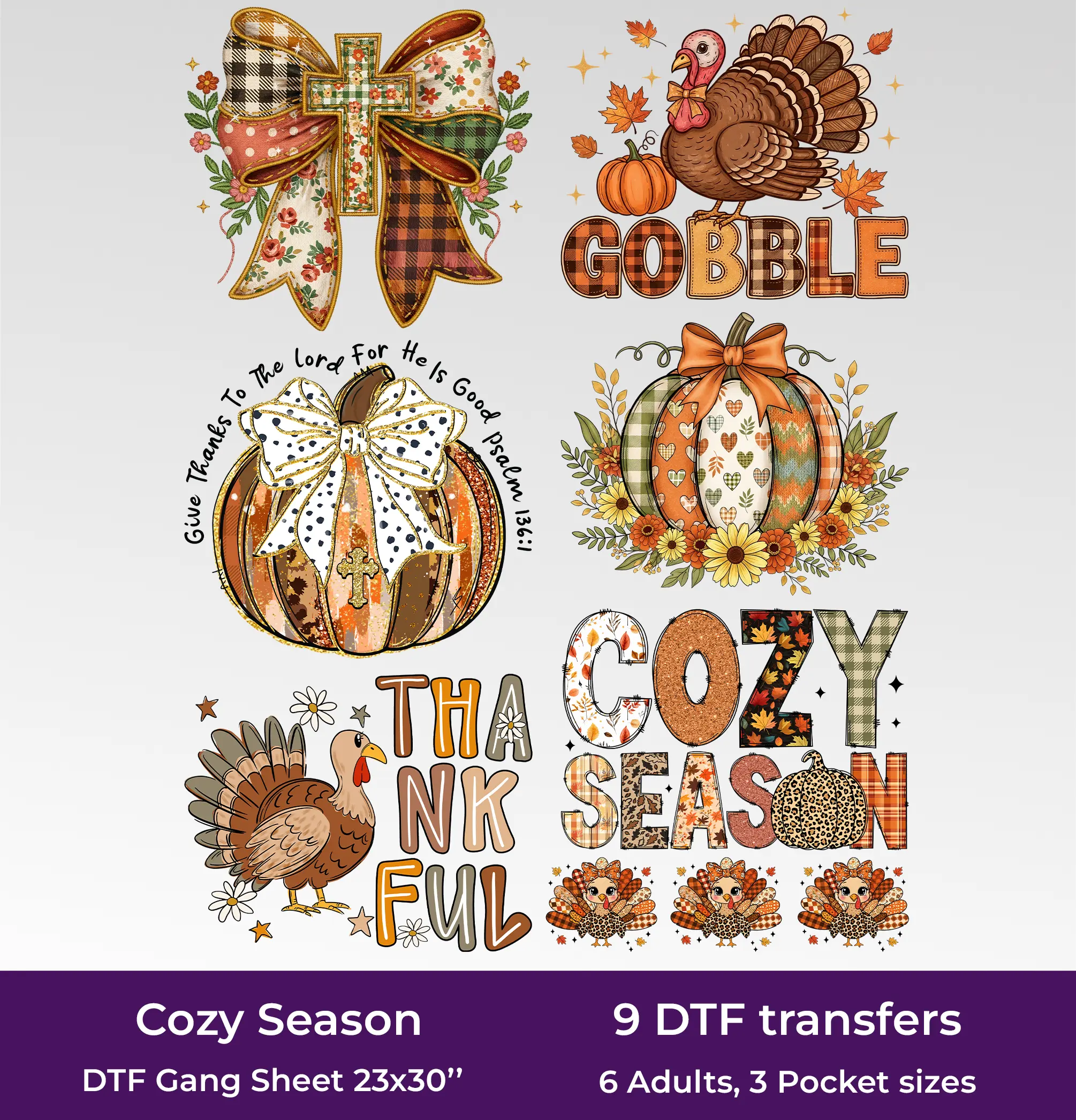 Thanksgiving DTF Gang Sheet, 23x30 in. 9 Ready to Press Heat transfers