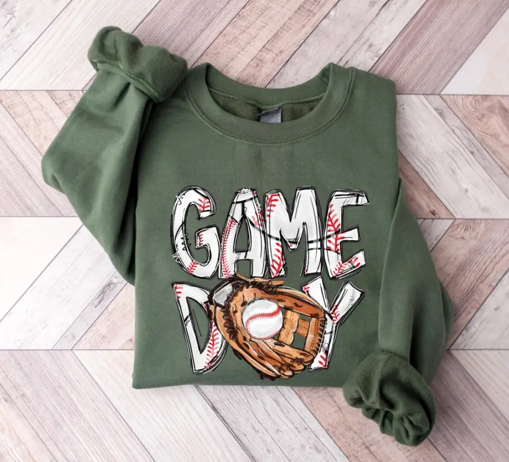 Game Day Baseball Printed Crewneck Sweatshirt | Military Green Baseball Mom Glove Graphic Pullover Sweater | Aesthetic Sports Fan Cozy Fleece Fall Winter Top