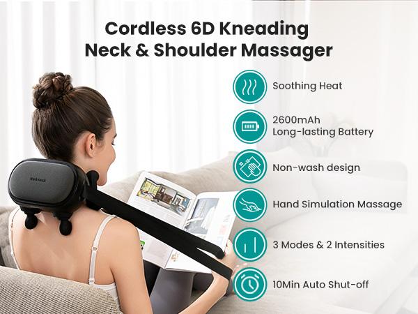 Nekteck Cordless Neck Massager with Heat, Shiatsu Back and Shoulder Massager, Deep Tissue 6D Kneading Massage Pillow for Neck and Back Pain Relief