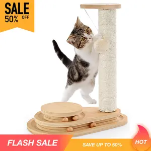 Cat Scratching Post Cat Scratcher Kitten Toys for Indoor Cats Wooden Ball Track Two-Layer Modern Sisal 17.7" Tall Scratch Post Interactive Toy with Dangling Ball Sisal Rope Cat Scratching Post with Balls sisal post star scratcher tall cat scratchingpost
