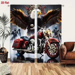 2D Flat Harley-Davidson Style Motorcycle with Eagle Armored Figures 2-Pack Curtain Set, Reflective Wet Surface Misty Atmosphere Theme, Black & Red Decorative Drapes for Living Room Bedroom
