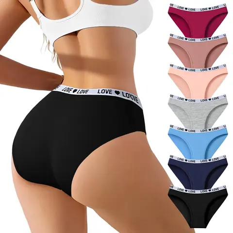 HOTCOM Women's Ribbed Seamless Panties Letter Tape Lingerie Soft Elastic Mid Rise Everyday Womenswear 5/7-Pack Comfortable Breathable Basic Knicker