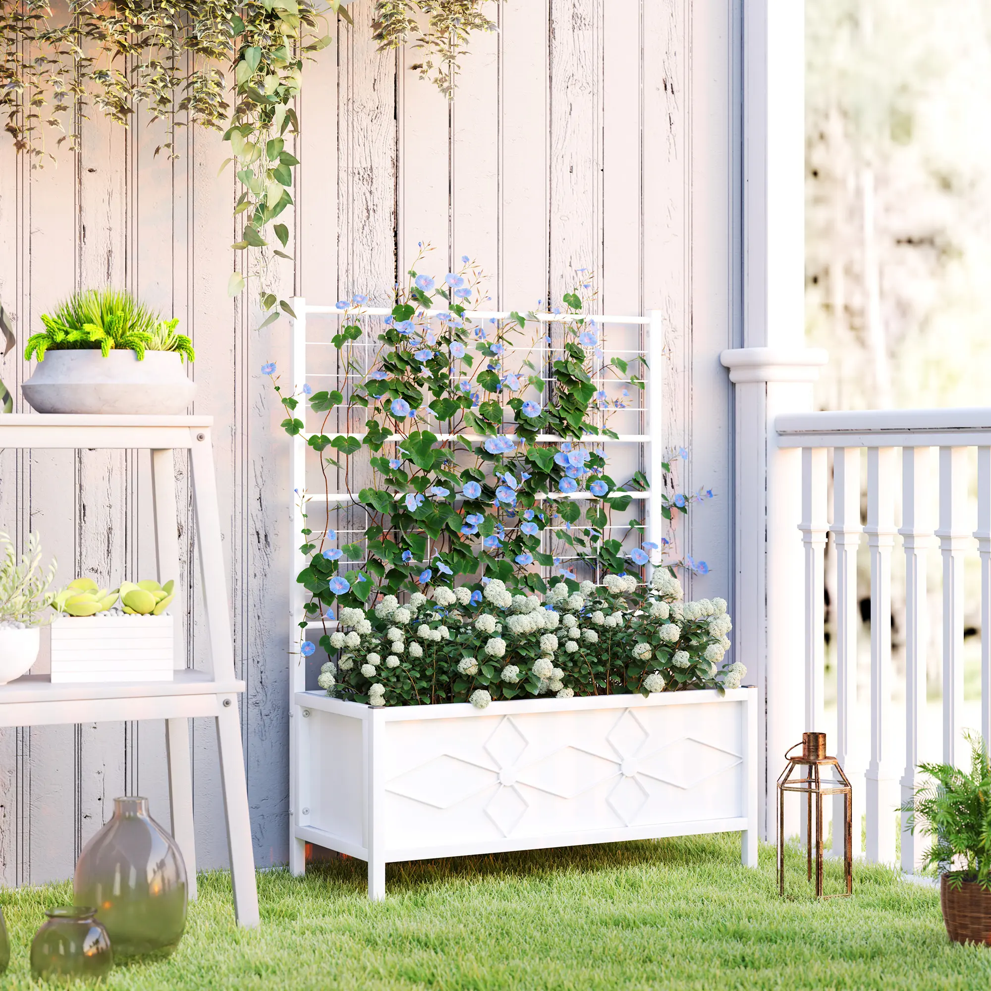 White Thickened 0 7mm Galvanized Steel Raised Planter With Integrated Trellis Two Drainage Holes Diamond Pattern 110Lbs Load For Outdoor Climbing Vine And Vegetable Planting