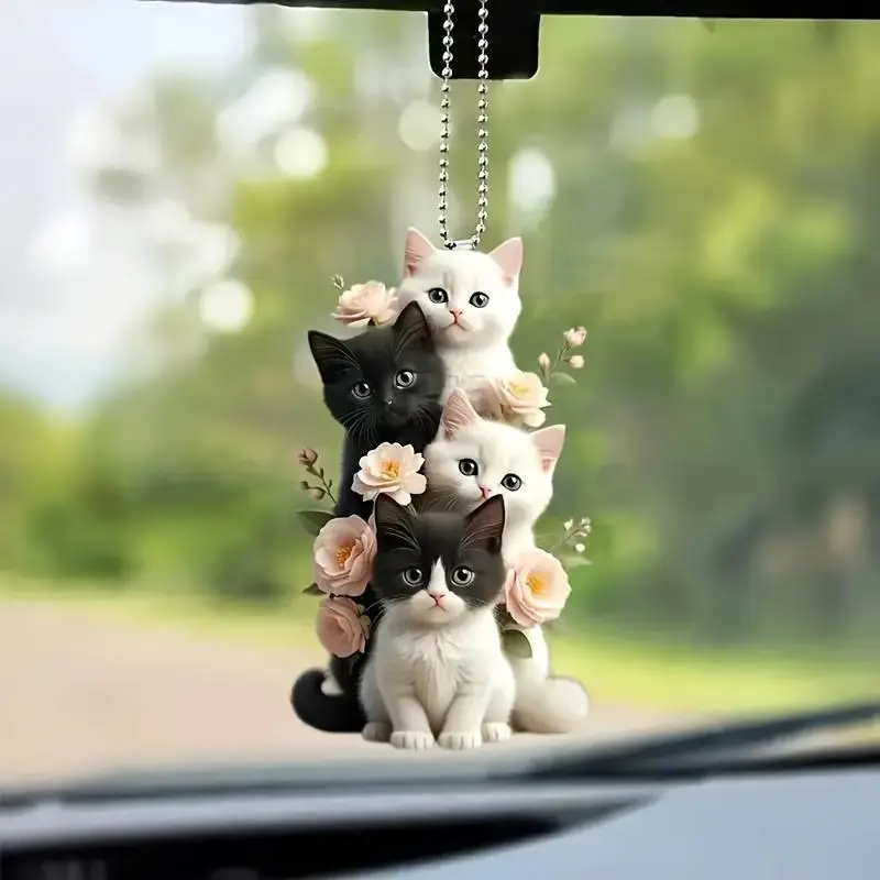 Cute Cat & Flower Pattern Car Rearview Mirror Hanging Ornament, 2D Decorative Pendant for Car Rearview Mirror, Bag & Keychain, Perfect Gift