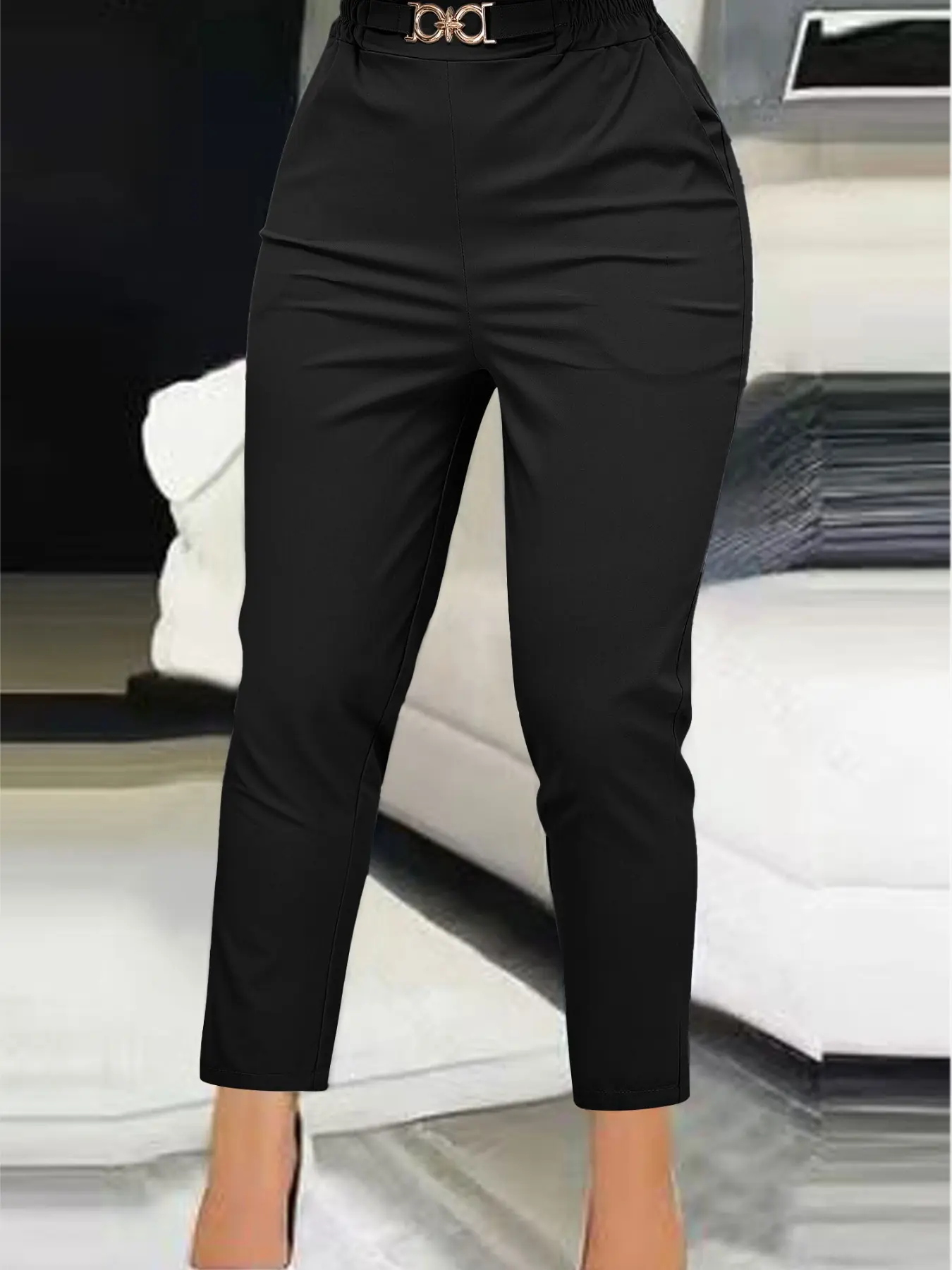Fashion women's casual Fit High Waist elastic Solid trousers Pants