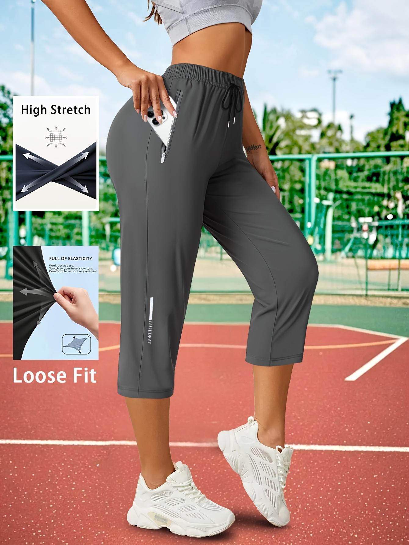 1 piece women’s ice silk breathable high-stretch capri pants with drawstring waist and zippered pockets, comfortable and skin-friendly, suitable for outdoor jogging and gym workouts