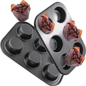 2 Packs Round Muffin Baking Pan, Premium Steel Muffin Pan for Baking, Cupcake Tin Cheesecake Pans, Bakeware Muffin Top Pan (6 Cups,Black)