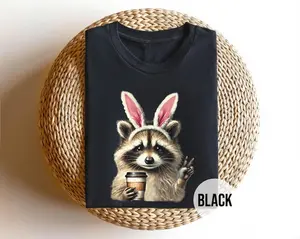Funny Easter Raccoon T-Shirt - Coffee Lover Bunny Ears Tee - Cute Animal Shirt - Hipster Raccoon Peace Sign Shirt - Spring Outfit