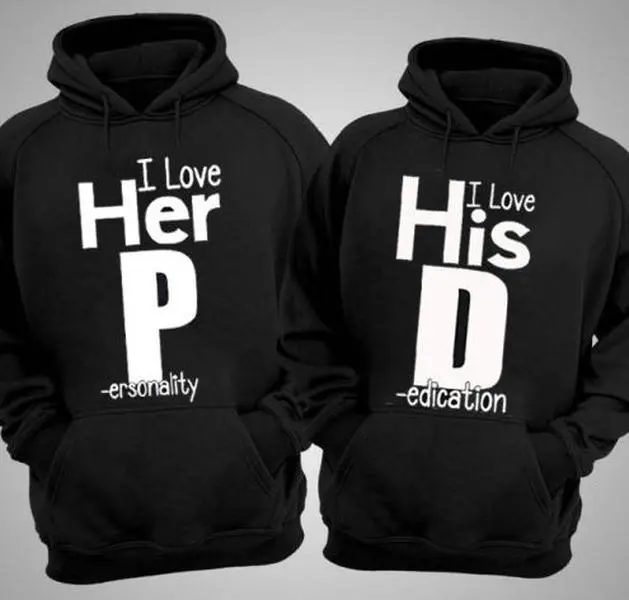 Matching Couple Hoodies I’m His Personality I Love Her Dedication Graphic Hoodie Casual Streetwear Fleece Fabric Pullover Hooded Sweatshirt Trendy Halloween Tops Collection for Women for Men, Perfect Gift