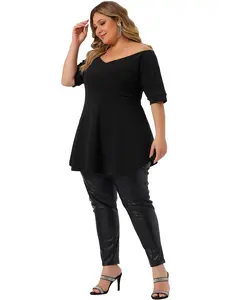 Agnes Orinda Plus Size V Neck Short Sleeve Ruched Peplum Blouses