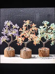 Natural Crystal Money Tree with Wooden Base, Chakra Healing Home Decoration, Lucky Jewelry Accessory Derivative Gift