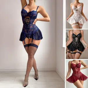 Women's Comfortable Sleep Dress - Sexy Contrast Lace, Backless Design with Ruffle Trim & Split Hem