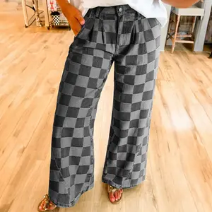 Women’s high-waisted streetwear retro jeans, dark gray checkered denim, wide-leg pants — GARMENTARY