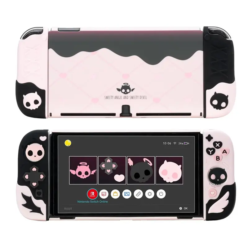 GeekShare Pink Skull Silicone Protective Case for Nintendo Regular Switch/OLED Slim - Separable Soft Cover with Console, Dual Controllers & Gamepad Protection, Hydrophobic Coating, Thumb Grip Caps, All-Around Protection, Comfortable Touch Gaming Accessory