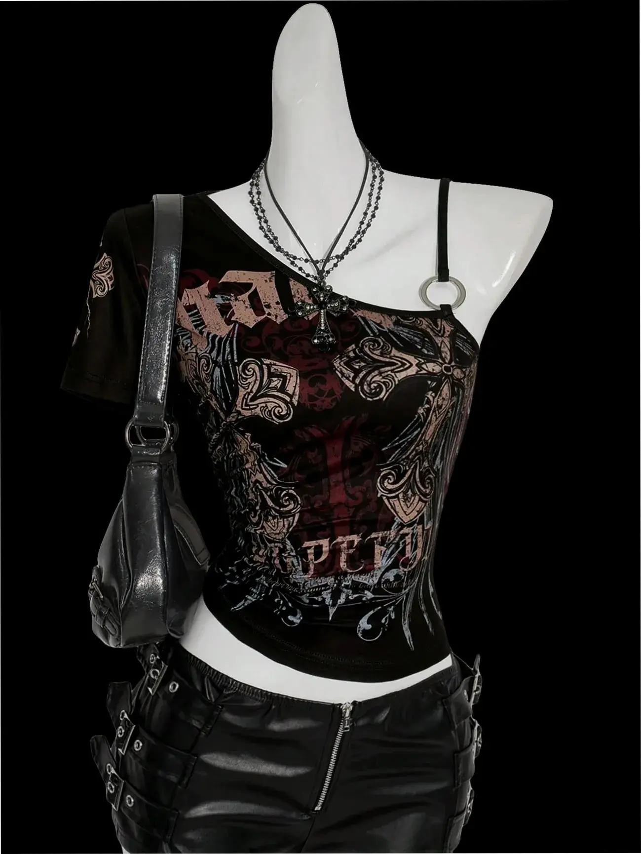 Gothic Punk Top Y2K Cross Print Asymmetric Buckle Grunge Streetwear Fall Outfit