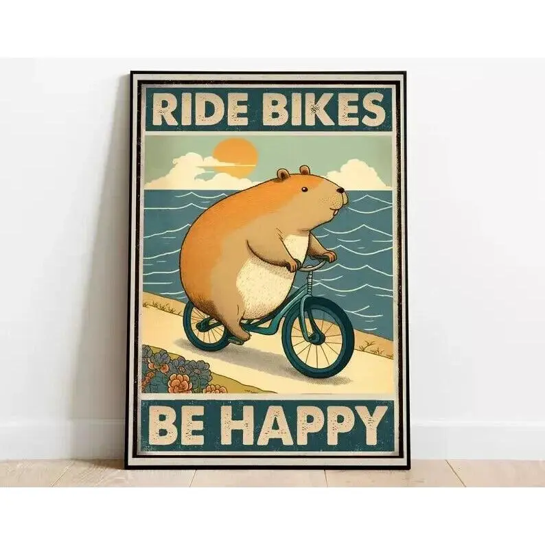 Vintage Decor - Capybara Bicycle Ride Bikes Be Happy Poster Art Vintage Unframed - Unframed Canvas Poster Room Gifts Colorful Ornaments Decoration Wall