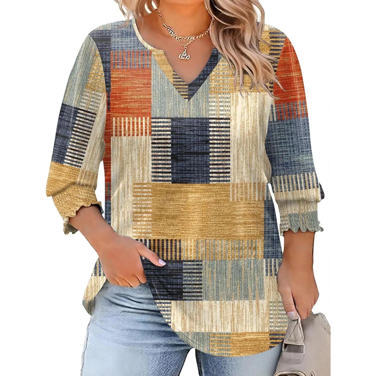 Women's Plus Size Basic Blouses - 3/4 Sleeve, V-Neck, Loose Tunic Casual Everyday Tops for Capsule Wardrobe & Layering Outfits, Comfy Casual, Size 1X-5X, Plus Size Fashion