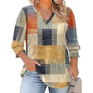 Womens Plus Size Tops 3/4 Sleeve Blouses Shirts Casual V Neck Loose Tunic Tops 1X-5X