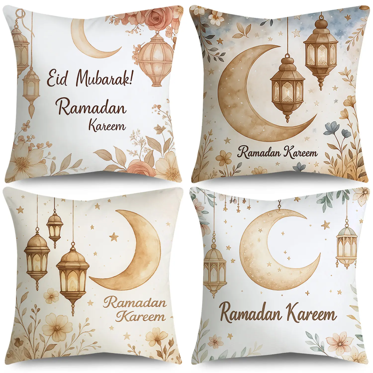 4pcs Ramadan Kareem Throw Pillow Covers | Crescent Moon, Floral Leaves, and Stars Design for Bedroom, Sofa, and Couch Decor, Polyester, Zipper Closure