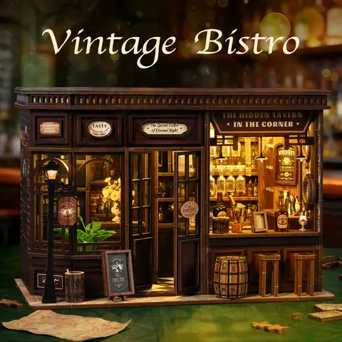 Vintage Bistro Style Book Nook Kit - Adult DIY Craft LED Lights Bookend with Pre-Cut Solid Wood Panels, 3D Scene Detail, Shelf/Desk Accent, 2×AA Batteries, Bedroom Decor Gift for 14+ Book Lovers & Collectors