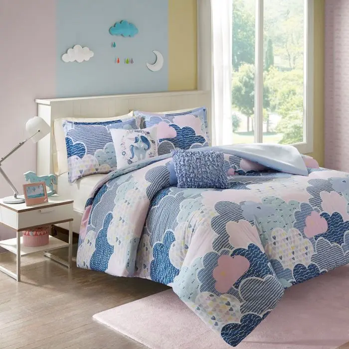 Urban Habitat UHK12-0034 5-Piece Pre-Shrunk Hypoallergenic Cloud Cotton Duvet Cover Set - Full/Queen Periwinkle Blue, All Over Print & Cloud Motifs, Casual Youth Decor for Cozy Setup & Dream Room