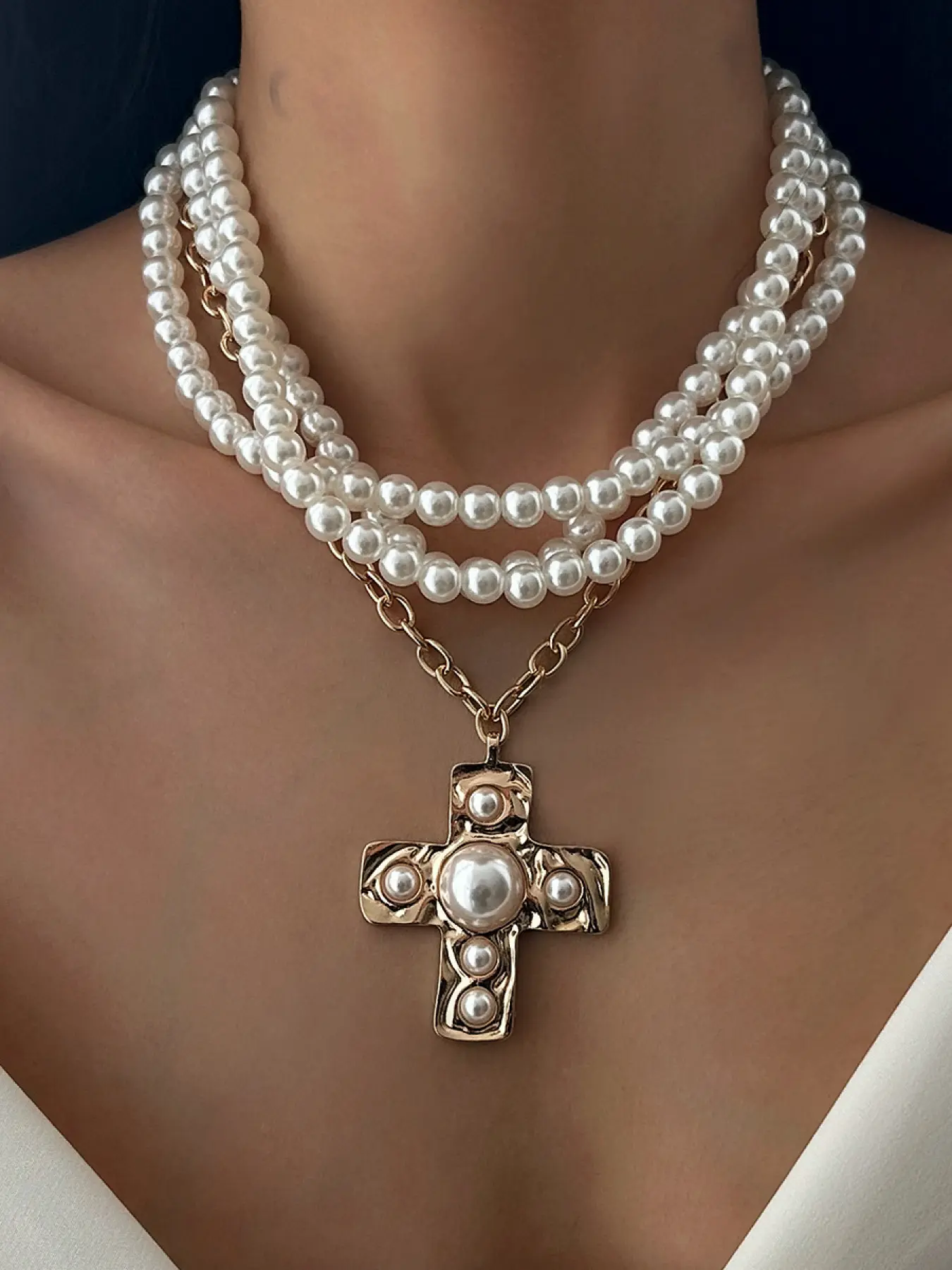 Vintage Luxe Layered Pearl & Gold Cross Necklace | Elegant Gift for Her, Evening & Wedding, Elegant Prom Jewelry, Elegant Beaded Necklace, Chic Gorgeous Jewelry, Alloy Necklace, Pendant Necklace