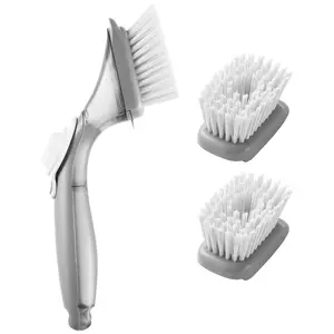 Soap Dispensing Dish Brush, Kitchen Scrub Brushes with 3 Brush Heads, Dish Cleaning Brushes with PP Handle and Curved Bristles, Ideal for Pots, Pans, Sink and Stove