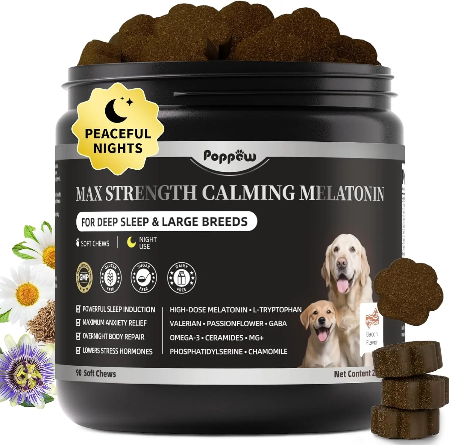 Melatonin for Dogs - Dog Calming Chews for Sleep & Emotional Support | Calming Treats for Dogs Relaxation, Stress, Anxiety Support - Separation, Thunder, Fireworks, Bacon Flavor, 90Ct