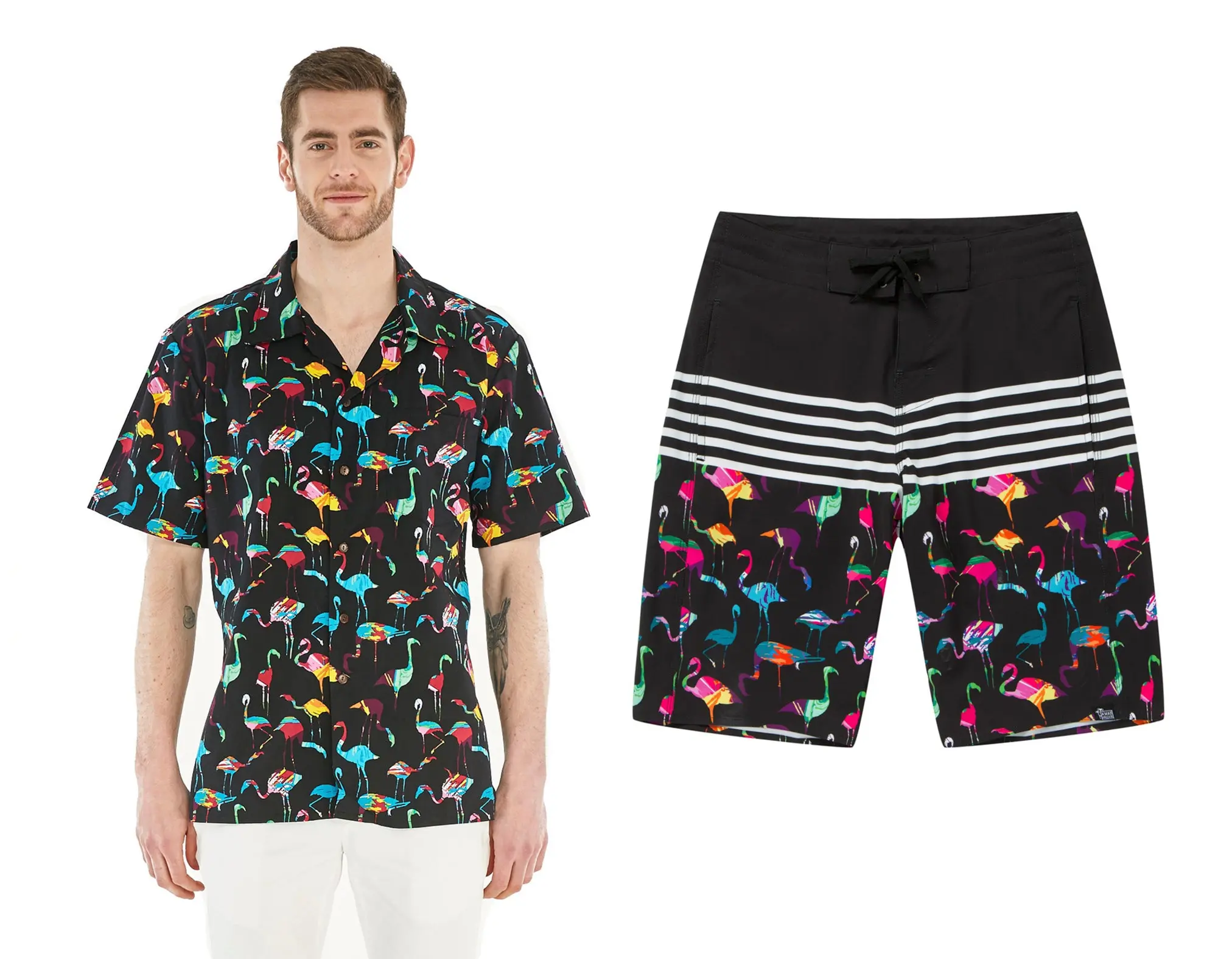 Matching Shirt and Board Shorts in Flamingo Party Black