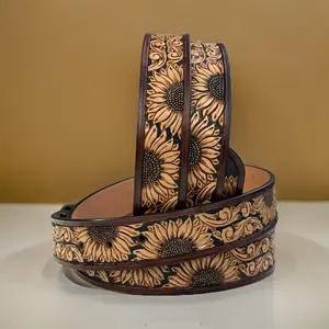 Western Sunflower Leather Belt Strap, Cowboy Floral Embossed Tooled Full Grain Leather Belt Without Buckle, Engraved Gift for Dad