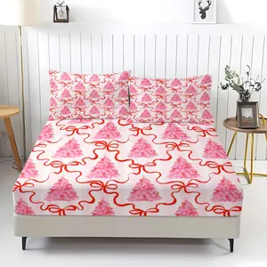 3Pcs Christmas Tree Printed Fitted Sheet Set, Sweet and Cute Bedding Set, Soft and Breathable Fabric, Deep Pocket Design, Easy to Clean, Suitable for Girls' Bedroom Decoration