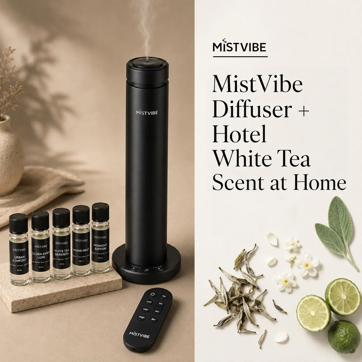 MistVibe Hotel White Tea Aroma Diffuser Set with 5 Oils, Remote & Timer
