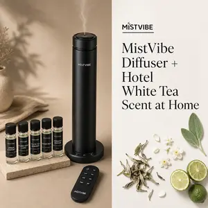 MistVibe Hotel White Tea Aroma Diffuser Set with 5 Oils, Remote & Timer