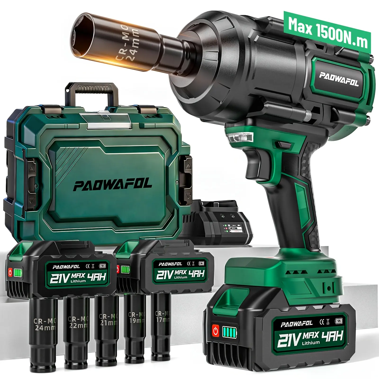 Cordless Impact Wrench | 21V Brushless 1500Nm High Torque (1/2" Drive + 2*4.0AH Batteries + Fast Charger) | for Home Users/Auto Mechanics Car/Truck Tire Removal & Installation | with 5 Sockets + Carry Case Durable & Portable