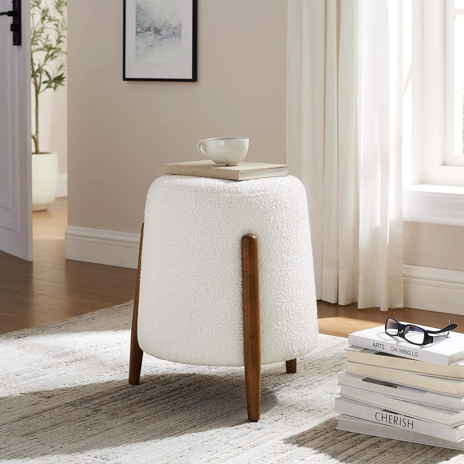 Modway Riven Comfy Round Upholstered Boucle Fabric Ottoman, Stylish Design Furniture for Living Room, Cloud Color