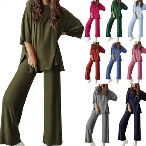 Women's 2-Piece Outfits Short Sleeve Pullover Tops Split Hem Wide Leg Pants Lounge Sets