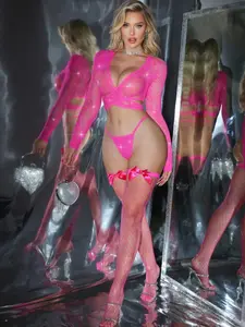 Women's 3-Piece Lingerie Set, Womenswear Shiny Rhinestone Mesh Bodysuit with Stockings, Cute Pink Teddy Lingerie Outfit