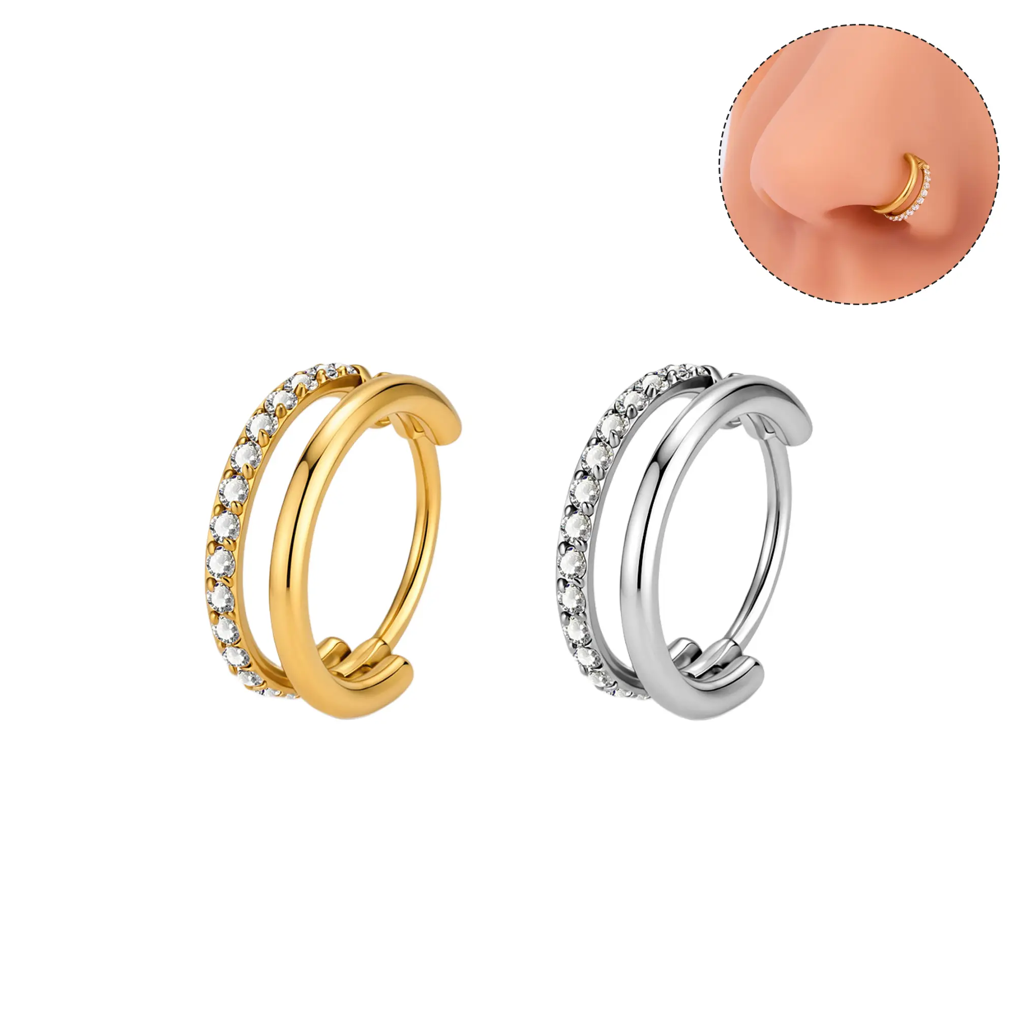 Oufer 20G Half CZ Half Plain Nose Ring Hinged Segment 316L Stainless Steel Double Hoop Nose Rings for Women