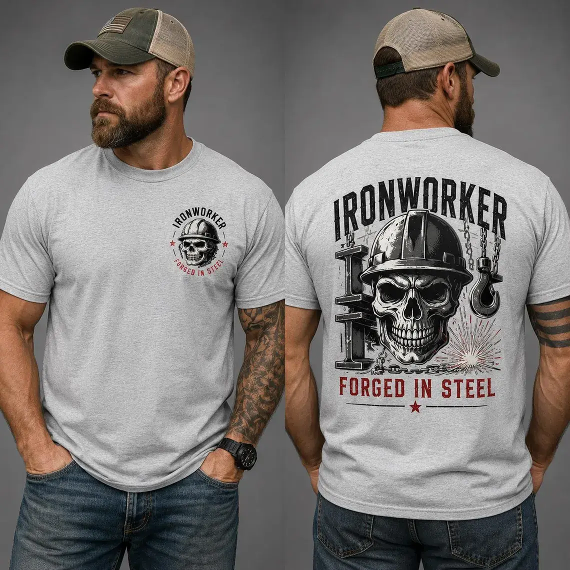 Ironworker Shirt, Forged In Steel Tee, Skull Hard Hat Shirt, Steel Worker Gift, Blue Collar Labor Day Tee