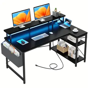 【HomeOffice Desk】Raybee 48'' L-Shaped LED Gaming Desk with Monitor Stand,Corner Computer desk with Builted-in USB Charging Power Outlets, Reversible Writing Desk with Storage Shelves,Dual-Player Esports Room Equipment #The First Computer Desk for Teens