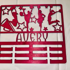 Wooden Cheer medal holder with name 12x12 in full size.