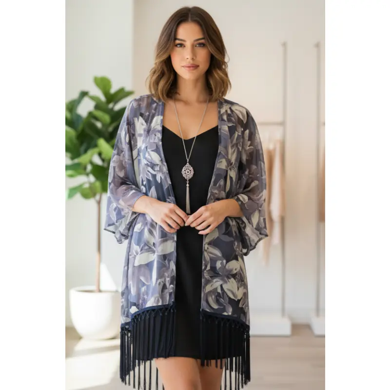 Honey Punch Floral Fringe Kimono - Purple