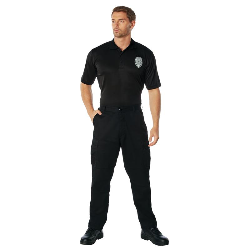 Rothco Moisture Wicking Security Guard Polo with Printed Badge - Menswear Shortsleeve Black Polyester Uniform Shirt for Security Personnel, Security Guards Bouncers Event Staff Public Safety Man Top 3-Button Collar