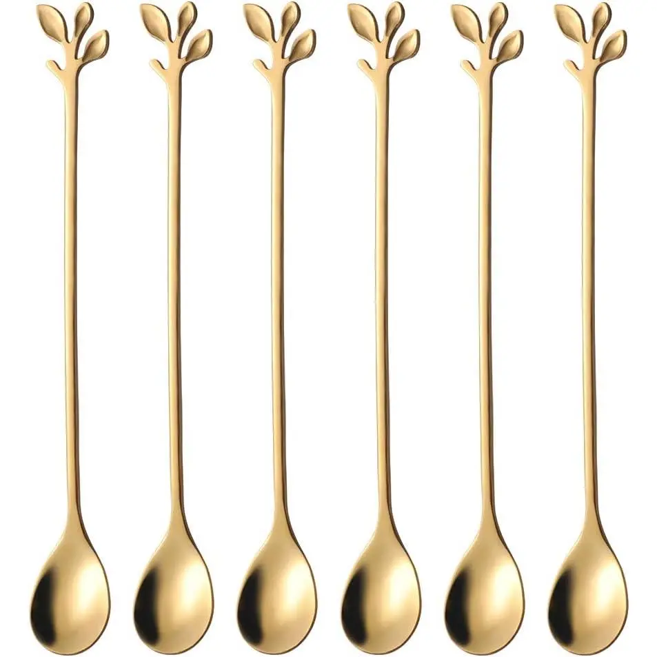 6- Elegant  Leaf Long Handle Teaspoons - 7.4" Stainless Steel Stir Spoons for Coffee & ,  for Mixing & Stirring